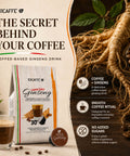 10ICAFFE Caria Colore Ginseng coffee-based ginseng drink package shown beside a glass of coffee and kugelball capsule, with text and icons describing coffee plus ginseng, smooth coffee ritual, and no added sugars.