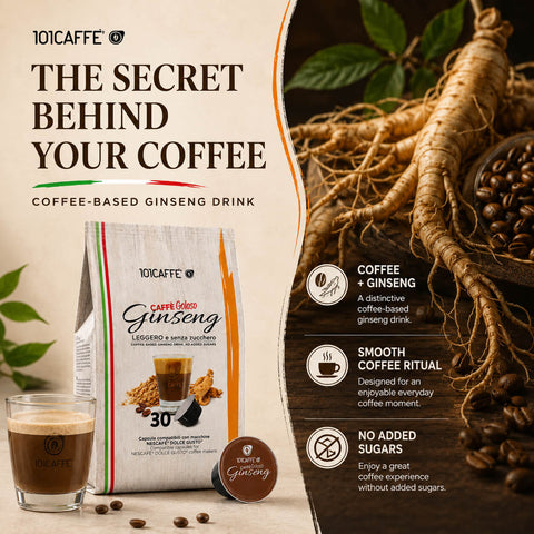 10ICAFFE Caria Colore Ginseng coffee-based ginseng drink package shown beside a glass of coffee and kugelball capsule, with text and icons describing coffee plus ginseng, smooth coffee ritual, and no added sugars.