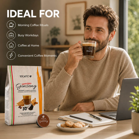 A man in a beige sweater sits at a desk drinking from a glass cup of coffee while a bag of 10Café Carri Delicio Ginseng coffee pods and a single pod are displayed in the foreground. The image includes marketing text on the left side.