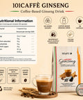 A product infographic for 101CAFFÈ GINSENG coffee-based ginseng drink, showing a 30-capsule bag, a cup of brewed drink, capsules, and informational icons on a beige background.