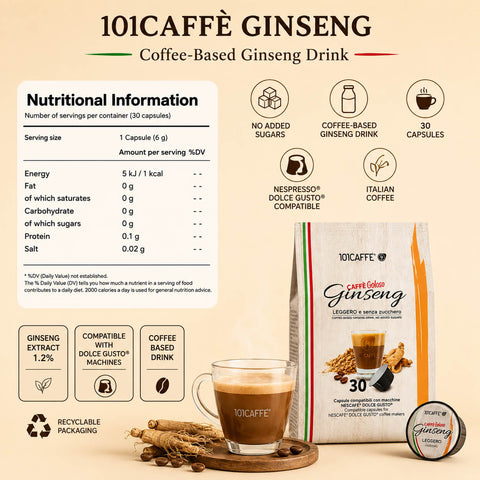 A product infographic for 101CAFFÈ GINSENG coffee-based ginseng drink, showing a 30-capsule bag, a cup of brewed drink, capsules, and informational icons on a beige background.