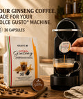 A bag of YouCaffe Capsule Gelato Ginseng coffee capsules is shown next to a black Dolce Gusto coffee machine with a hand inserting a capsule, with text reading 'YOUR GINSENG COFFEE. MADE FOR YOUT DOLCE GUSTO MACHINE.