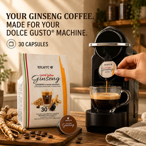 A bag of YouCaffe Capsule Gelato Ginseng coffee capsules is shown next to a black Dolce Gusto coffee machine with a hand inserting a capsule, with text reading 'YOUR GINSENG COFFEE. MADE FOR YOUT DOLCE GUSTO MACHINE.