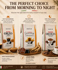 A promotional graphic for Yocafate coffee blends showing three standing bags of coffee beans against a warm beige background with text and food props. The bags are labeled Bendana Orzo (30%), Ginseng (30%), and Bendana Ciocolata (12%).