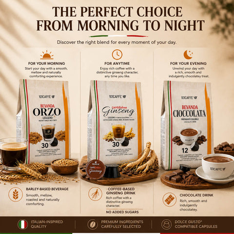 A promotional graphic for Yocafate coffee blends showing three standing bags of coffee beans against a warm beige background with text and food props. The bags are labeled Bendana Orzo (30%), Ginseng (30%), and Bendana Ciocolata (12%).