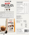 Back packaging of 101CAFFE Bevanda Ciocolata chocolate drink mix, showing product details, nutrition facts, ingredients, and a cup of prepared chocolate coffee on a white background with orange and green accents.