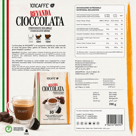 Back packaging of 101CAFFE Bevanda Ciocolata chocolate drink mix, showing product details, nutrition facts, ingredients, and a cup of prepared chocolate coffee on a white background with orange and green accents.