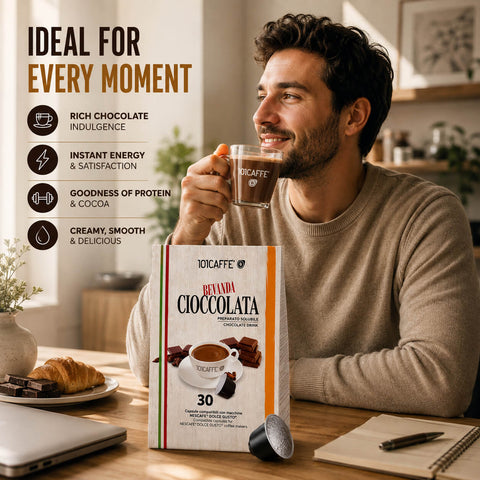 A man in a beige sweater sits at a wooden table holding a cup of coffee, with a box of 101CAFFE Betagi Cioccolata chocolate coffee capsules placed in front of him. The scene includes promotional text on the left highlighting rich chocolate indulgence, instant energy, protein and cocoa goodness, and creamy smooth taste.