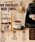 101CAFFE Revanda Cioccolata coffee capsules shown with a coffee machine, a cup of coffee, and a product box. A hand is inserting a capsule into the machine.