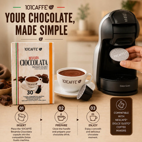 101CAFFE Revanda Cioccolata coffee capsules shown with a coffee machine, a cup of coffee, and a product box. A hand is inserting a capsule into the machine.