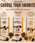 A promotional graphic for 101CAFFE coffee products showing three boxed coffee varieties side by side: Orzo Roasted Barley, Cioccolata Chocolate, and Ginseng Coffee + Ginseng. The image includes large headline text at the top, ingredient props such as coffee beans, cocoa powder, chocolate pieces, and ginger root, and cups of brewed coffee on a warm beige background.