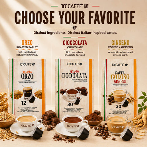 A promotional graphic for 101CAFFE coffee products showing three boxed coffee varieties side by side: Orzo Roasted Barley, Cioccolata Chocolate, and Ginseng Coffee + Ginseng. The image includes large headline text at the top, ingredient props such as coffee beans, cocoa powder, chocolate pieces, and ginger root, and cups of brewed coffee on a warm beige background.