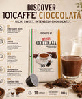 A promotional product graphic for 101CAFFE Cioccolata coffee capsules. The image features a box of 30 capsules, a single capsule shown beside it, a glass of chocolate coffee, chocolate pieces, and cocoa powder on a beige background with Italian text describing the product's taste, preparation, and benefits.
