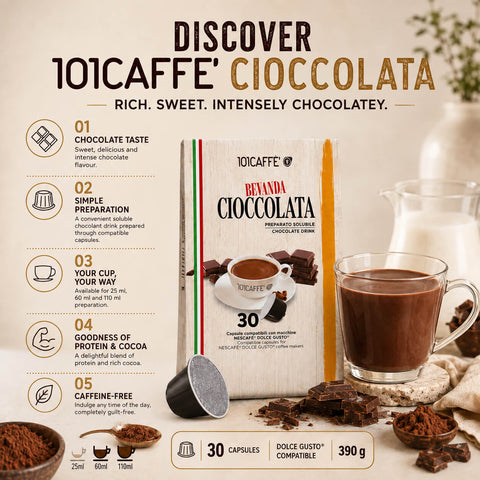 A promotional product graphic for 101CAFFE Cioccolata coffee capsules. The image features a box of 30 capsules, a single capsule shown beside it, a glass of chocolate coffee, chocolate pieces, and cocoa powder on a beige background with Italian text describing the product's taste, preparation, and benefits.