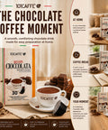 A promotional collage for 101CAFFE Belinda Ciocolata instant chocolate drink, showing product packaging, a white coffee cup with chocolate, chocolate pieces, and warm home-coffee scene text callouts on a beige background.