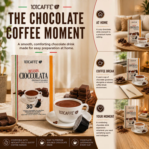 A promotional collage for 101CAFFE Belinda Ciocolata instant chocolate drink, showing product packaging, a white coffee cup with chocolate, chocolate pieces, and warm home-coffee scene text callouts on a beige background.